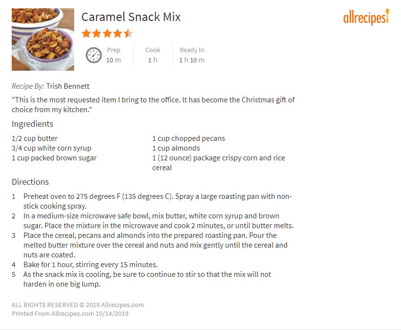 Allrecipe.com snack mix recipe