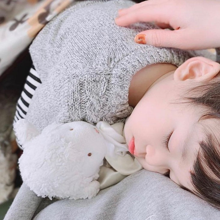 Child sleeping with a lovey lamb from Bunnies By The Bay. 