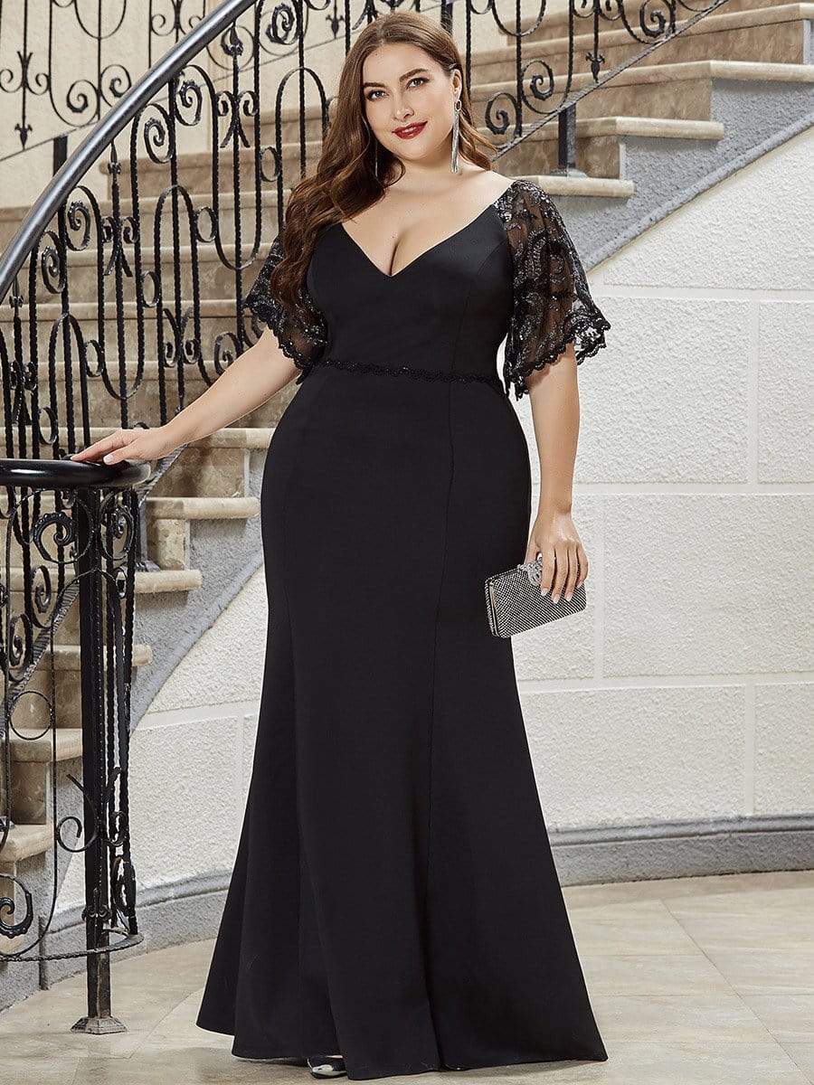 Plus Size Evening | Mermaid V neck with Lace Sleeves - Ever-Pretty UK