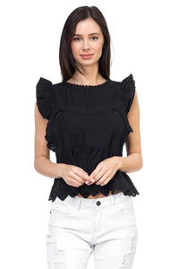 Sleeveless ruffle trim eyelet top