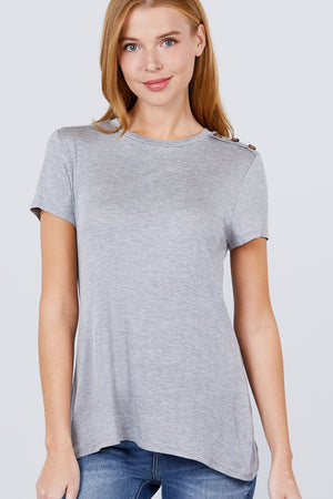 Short Sleeve Crew Neck W/shoulder Button Detail Rayon Spandex Top