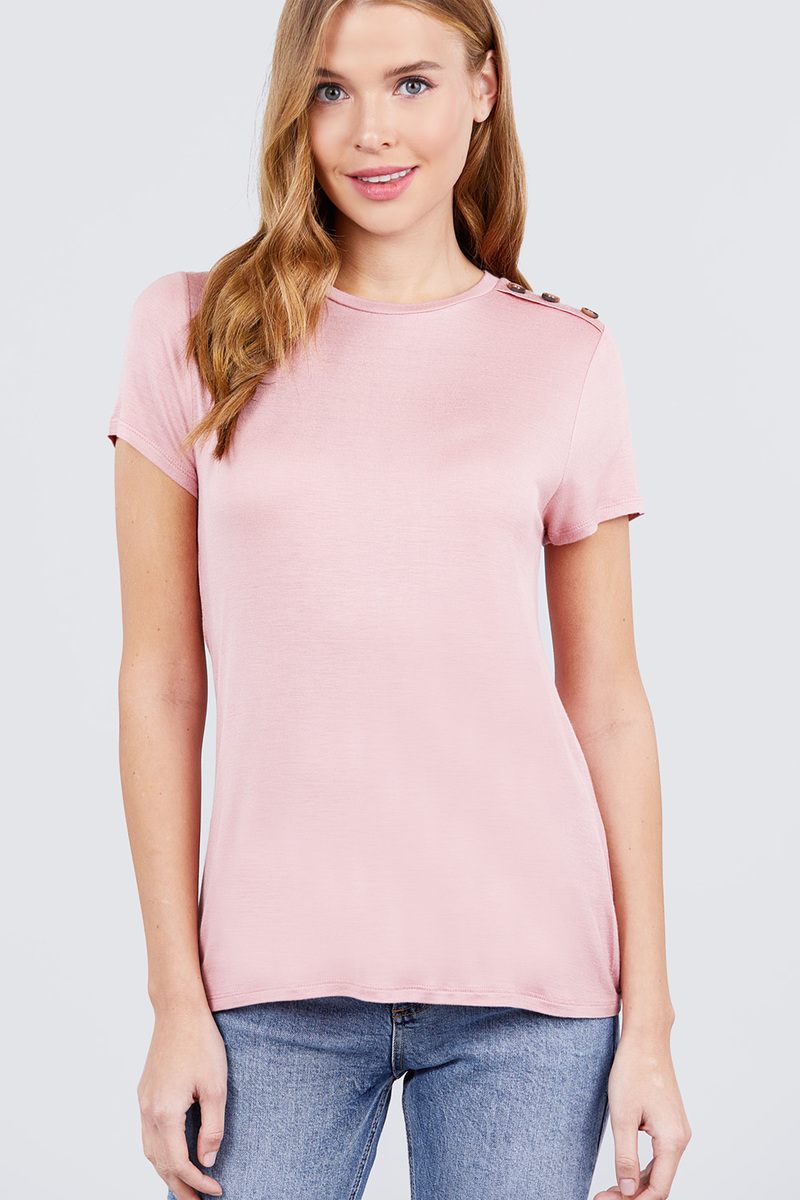 Short Sleeve Crew Neck W/shoulder Button Detail Rayon Spandex Top