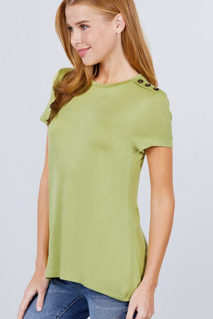 Short Sleeve Crew Neck W/shoulder Button Detail Rayon Spandex Top