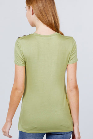 Short Sleeve Crew Neck W/shoulder Button Detail Rayon Spandex Top