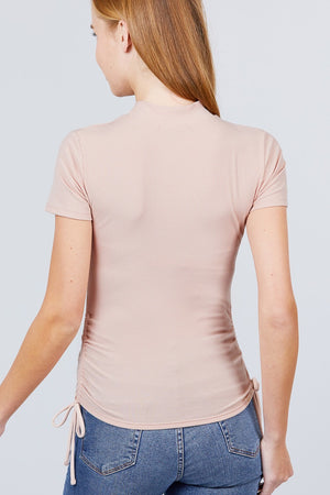 Short Sleeve Mock Neck Side Shirring Detail Rib Knit Top