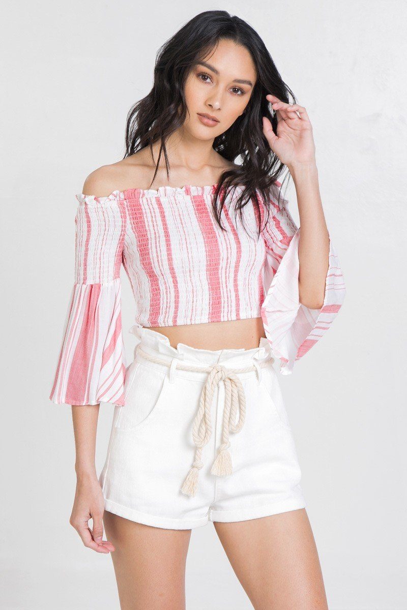 Striped Off-the-shoulder Gauze Crop Top