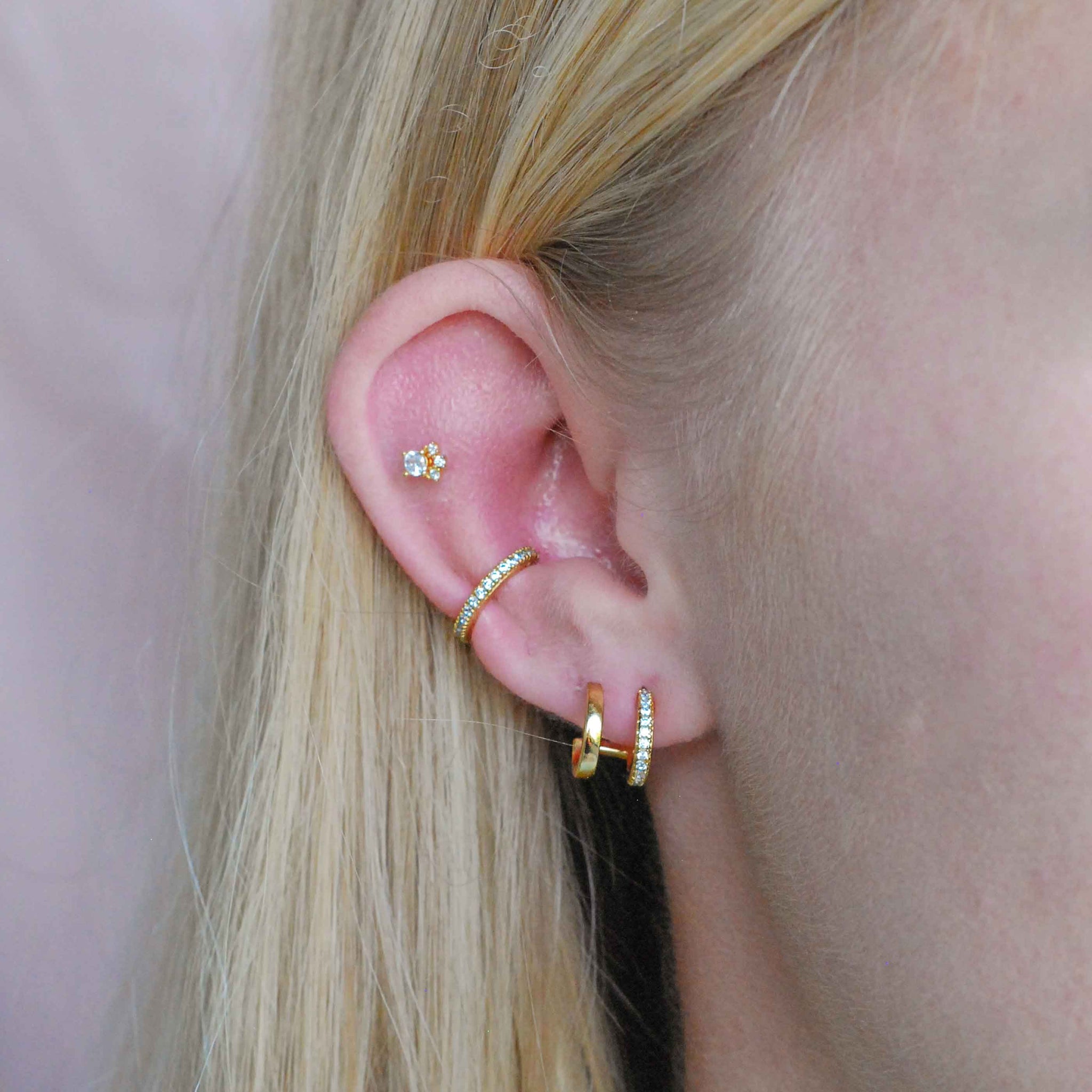 Illusion Stud Earrings in Gold worn with ear cuff