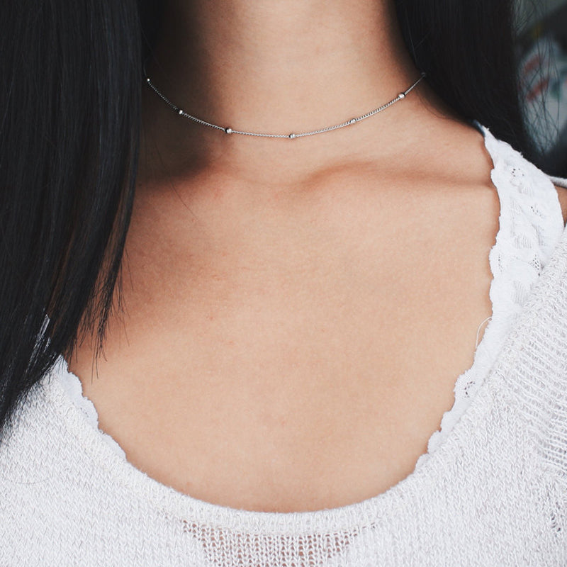 Silver Beaded Choker Necklace 