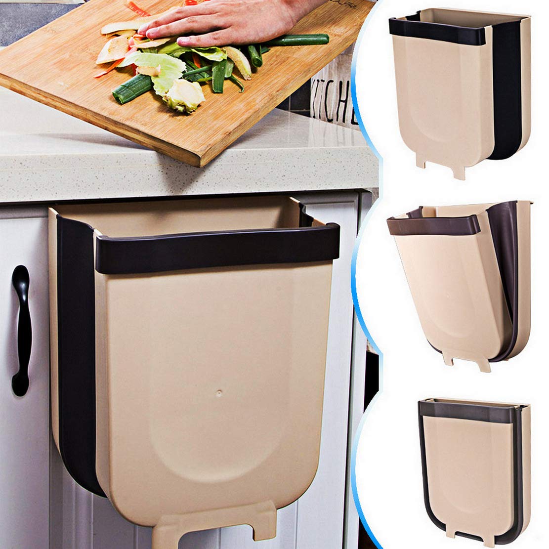Hanging Trash Can Folded for Kitchen Cabinet Door, Collapsible Trash Bin Small Compact Garbage Can Attached to Cabinet Door Kitchen Drawer Bedroom Dorm Room Car - 8L (Brown)