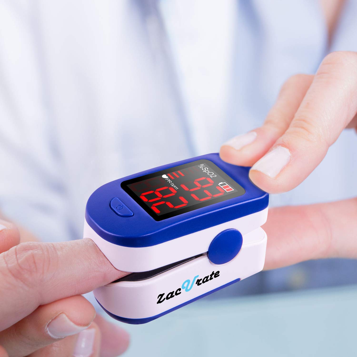  Zacurate 500BL Series Pulse Oximeter being used on a finger 