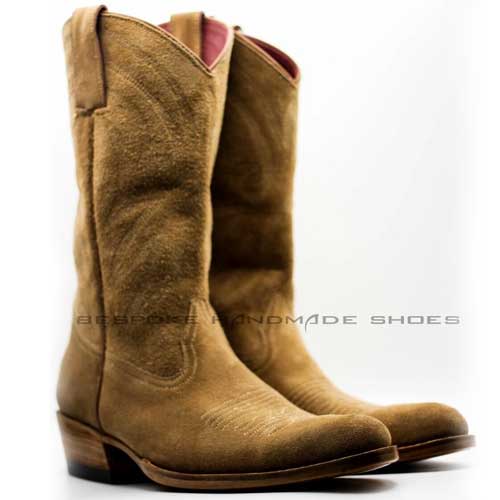 Handmade Men's Camel Suede Cowboy Boots 