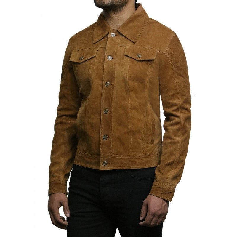 Men's Trucker Casual Tan Goat Suede Leather Shirt Jeans Jacket