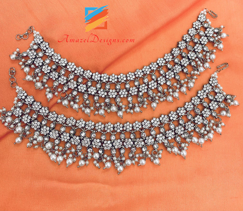 Silver Stone Flower Pearl Payal – Amazel Designs