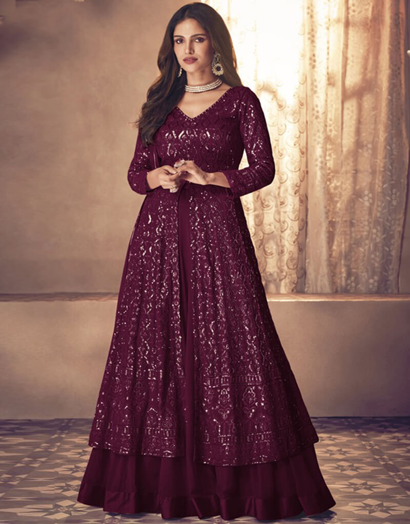 plum Lehenga style Suit Faux Georgette Salwar Kameez in Embroidery, Sequins & Lace Work