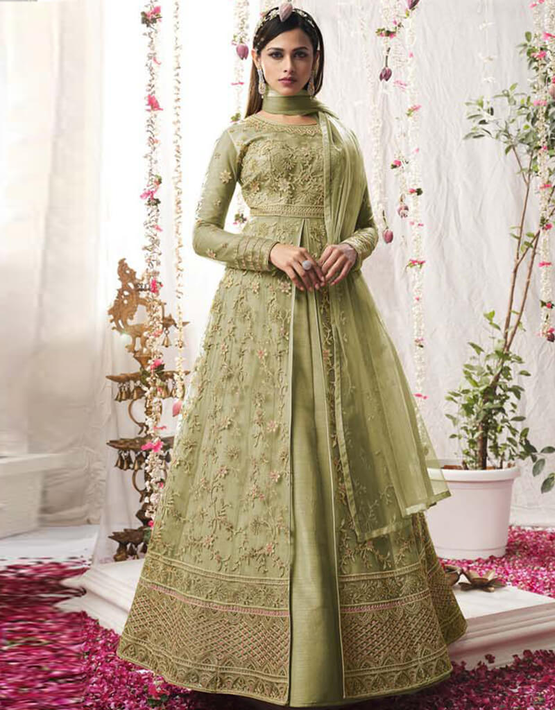 Mustard Green Lehenga style Salwar Suit Butterfly Net Salwar Kameez in Embroidery, Sequins & Lace Work