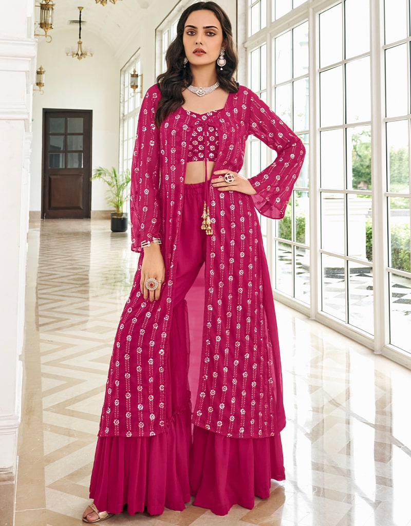 Pink Sharara style Suit Semi-Stitched Suits Salwar Kameez in Embroidery, Sequins & Lace Work