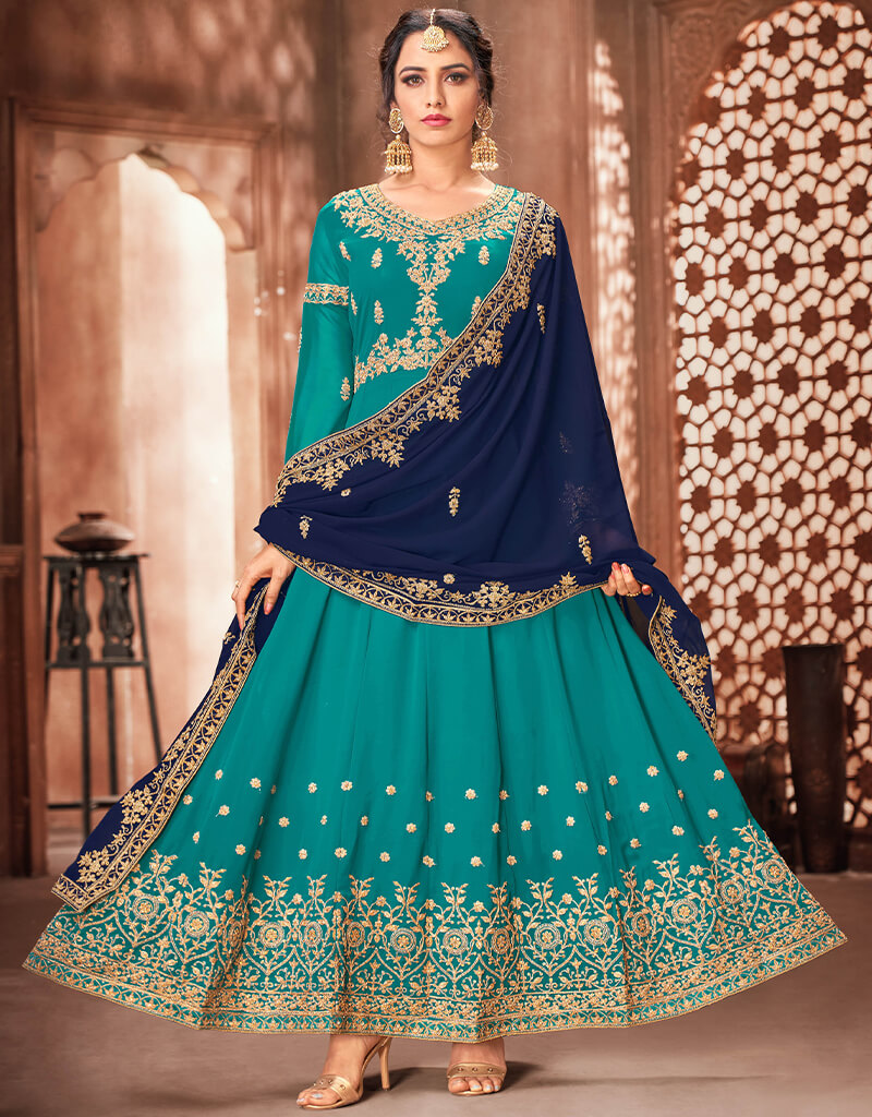 Sky Blue Georgette Anarkali Salwar Suit Blue Embroidery Work RT4866-158163