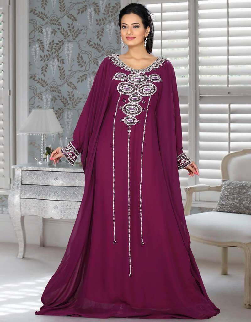 Aesthetic Embroidered Long Kaftan Dresses Purple Color