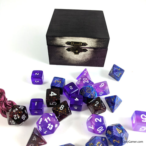 Cozy Gamer Black Purple and White Dice Box for TTRPG Dice Set