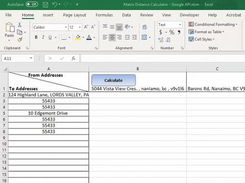 Calculate Distances in Matrix Format Excel