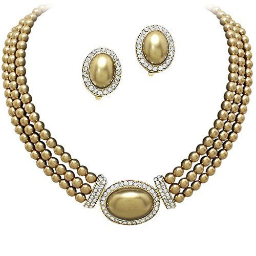 Elegant 3 Strand Bronze Pearl Tone Drop Bridal Necklace CLIP ON Earring Set W1