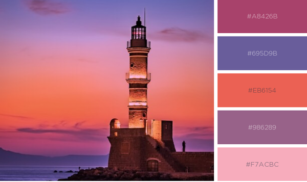 Lighthouse with coral and purple sunset