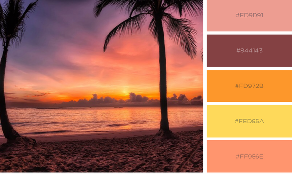 Palm tree with coral and purple sunset