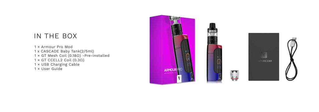 Vaporesso Armour Pro 100W TC Kit with Cascade Baby Package Contents