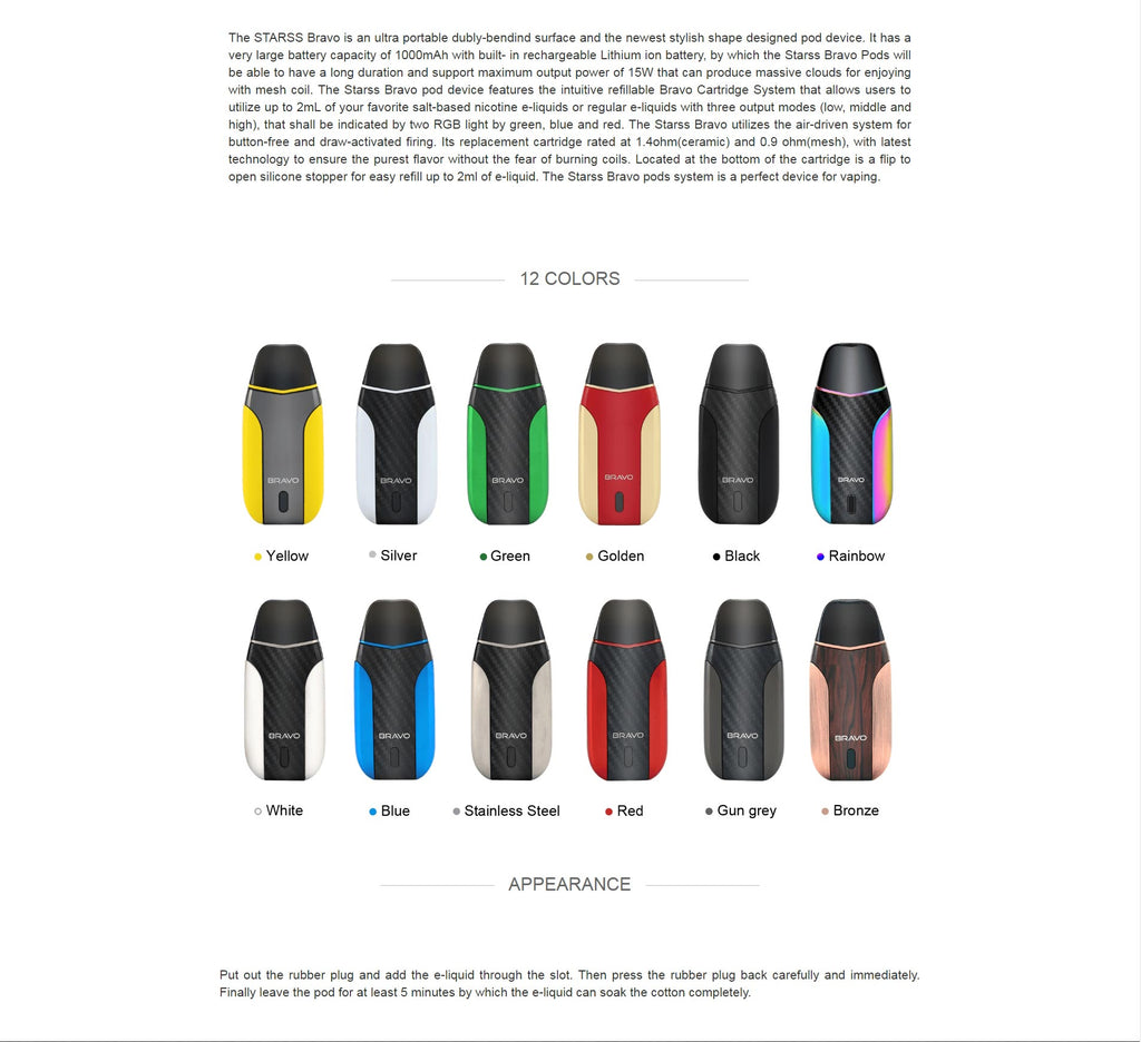 Starss Bravo Vape Pod System Description & 12 Colors Available & Appearance