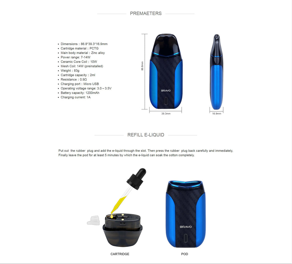 Starss Bravo Vape Pod System Premaeters & Refill ijk