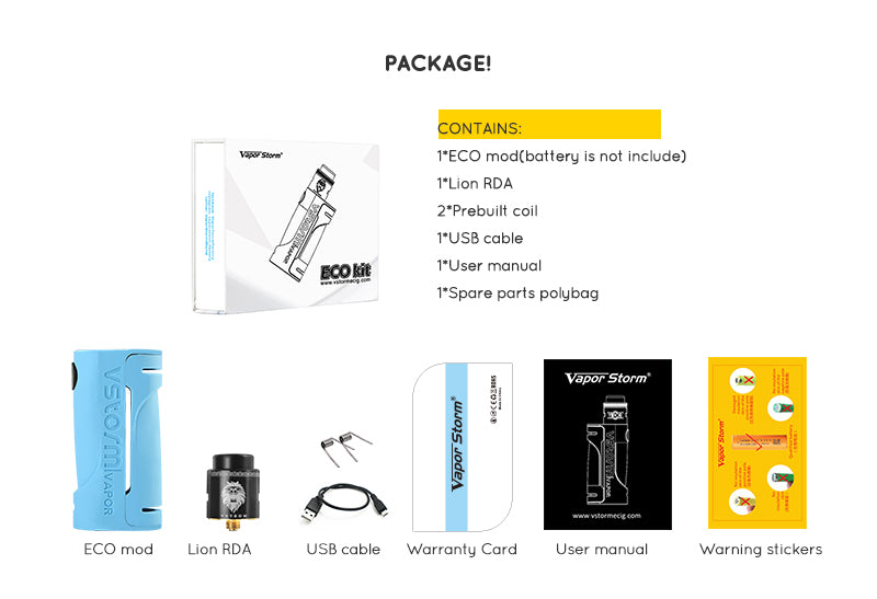 Vapor Storm ECO VV Mod Kit with Lion RDA 2ml 90W Package Contains