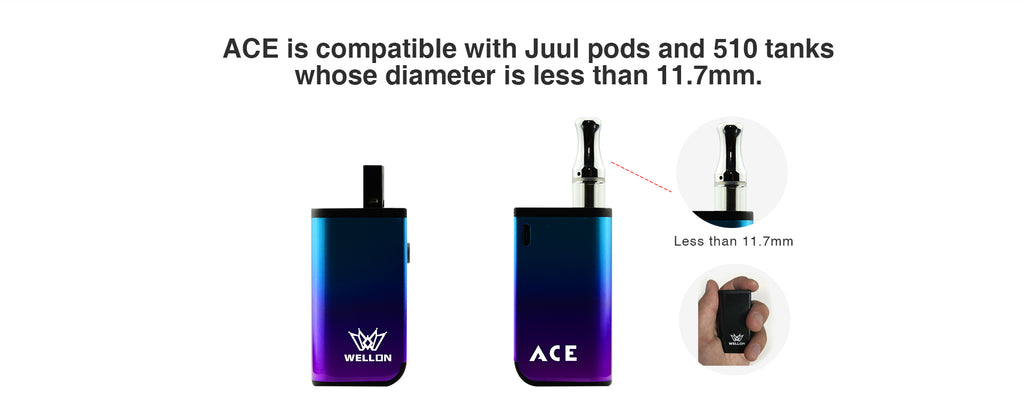 WELLON ACE Is Compatible With Juul Pods & 510 Tanks whose diameter is less than 11.7mm