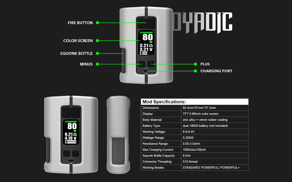 WOTOFO x Tony B Dyadic Squonk Mod Specifications