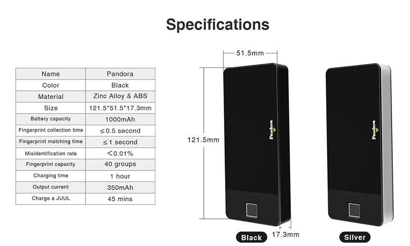 Wellon Pandora PCC Charging Case 1000mAh for JULL Kit Fingerprint Unlock Specifications
