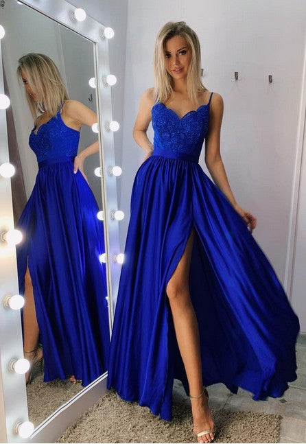 Front Split Royal Blue Satin Prom Evening Party Dress Celebrity Pageant New Gown