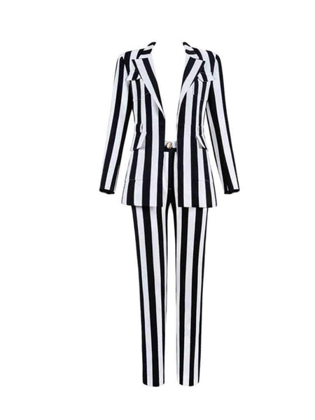 black and white striped pant suit