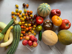 Fresh farm ingredients: Melons, heirloom tomatoes, and summer squashes