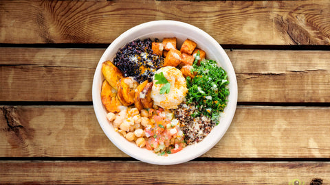 One colorful della bowl, taken from above