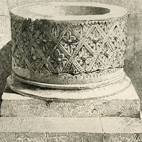 The Norman baptismal font in St. Bartholomew's, Greens Norton, Northamptonshire, England. Engraved by R. Roberts.