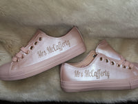 Personalised pale pink PU wedding trainers - Mrs (Your Name) - rose gold glitter print (style 2)