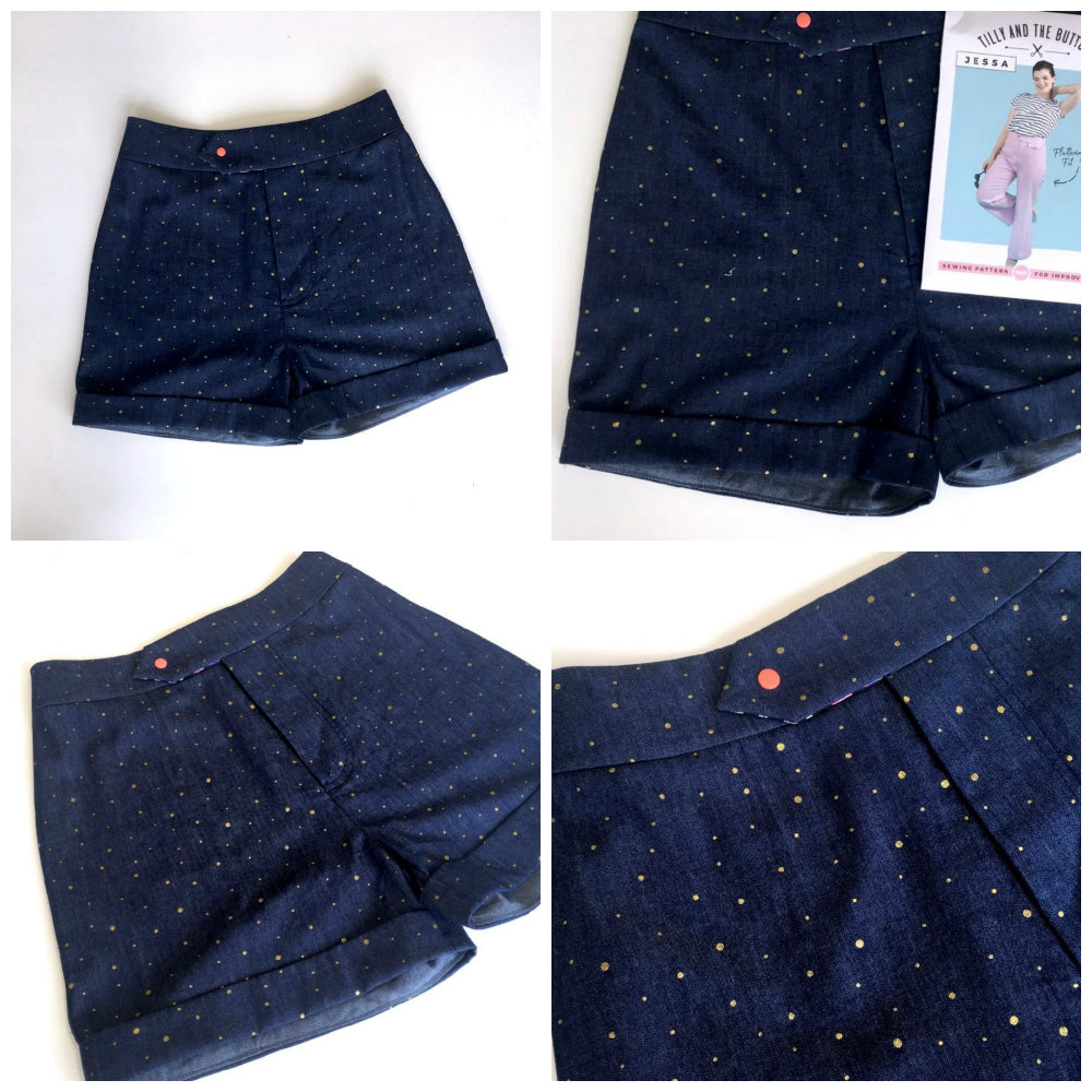 Tilly and the Buttons Jessa Shorts in Gold Dots Denim Chambray