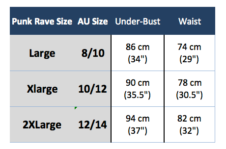 Mythical Corset size chart