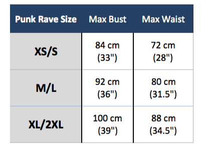 Punk Rave T-433 size chart