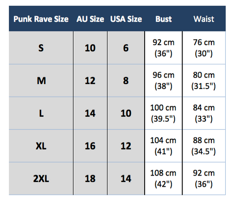 punk rave q-282 size chart