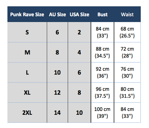 punk rave q-285 size chart