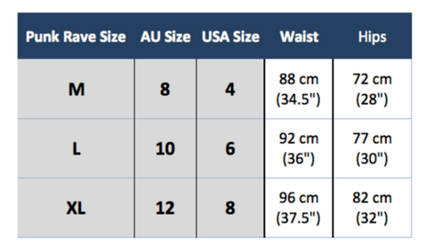 PunK RAVE Q-134 SIZE CHART