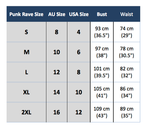 PUNK RAVE Y-679 SIZE CHART