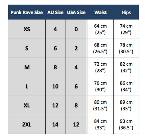 punk rave k-259 size chart