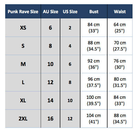 Punk Rave q-310 size chart