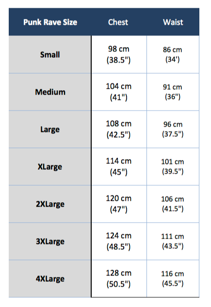 punk rave y-632 size chart